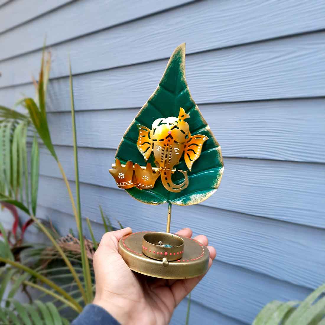 Tea Light Holder Antique | Candle Holders Stand With One Slots | Tea Light Candle Stands - Ganesha Design - For Home, Table, Living Room, Dining room, Bedroom Decor | For Festival Decoration & Gifts - 13 Inch