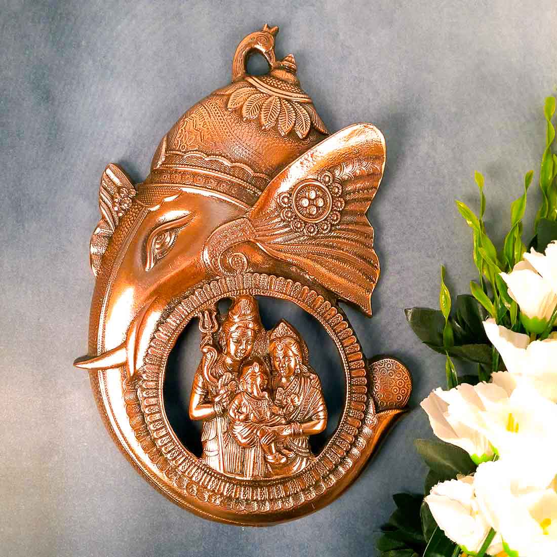 Ganesh Idol Wall Hanging | Lord Ganesha With Shiv Parvati Wall Statue Decor |Religoius & Spiritual Wall Art - For Puja, Home & Entrance Living Room & Gift - 16 Inch - Apkamart