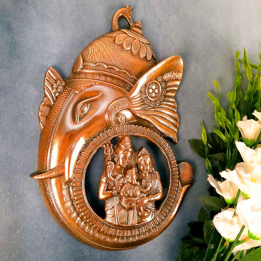 Ganesh Idol Wall Hanging | Lord Ganesha With Shiv Parvati Wall Statue Decor |Religoius & Spiritual Wall Art - For Puja, Home & Entrance Living Room & Gift - 16 Inch - Apkamart