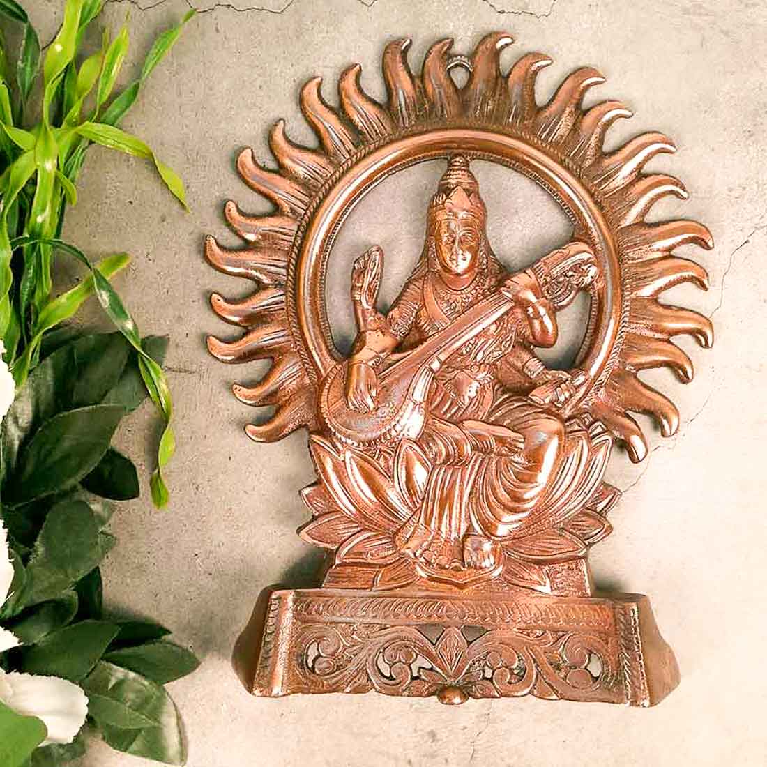 Saraswati Idol Wall Hanging | Goddess Sarasvati Playing Veena Wall Statue Small |Religoius & Spiritual Wall Art - For Puja, Home & Entrance, Living Room & Gift- 11 Inch