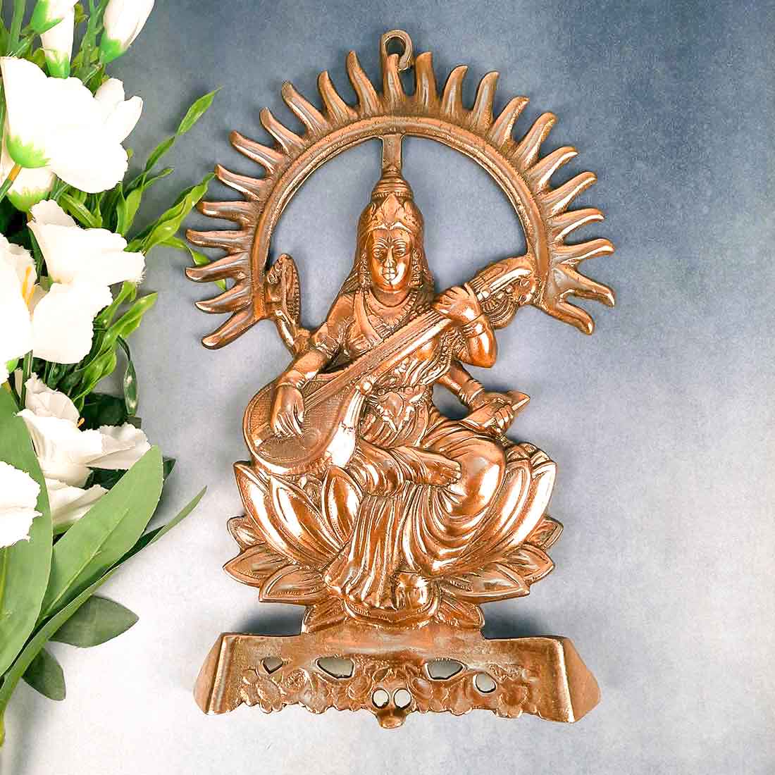 Saraswati Wall Hanging Murti | Maa Sarasvati Wall Decor Statue | Religious & Spiritual Wall Art - for Puja, Home, Entrance  & Living Room  - 16 Inch