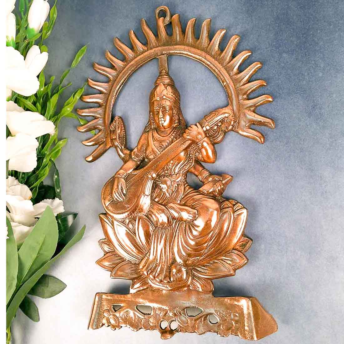 Saraswati Wall Hanging Murti | Maa Sarasvati Wall Decor Statue | Religious & Spiritual Wall Art - for Puja, Home, Entrance  & Living Room  - 16 Inch