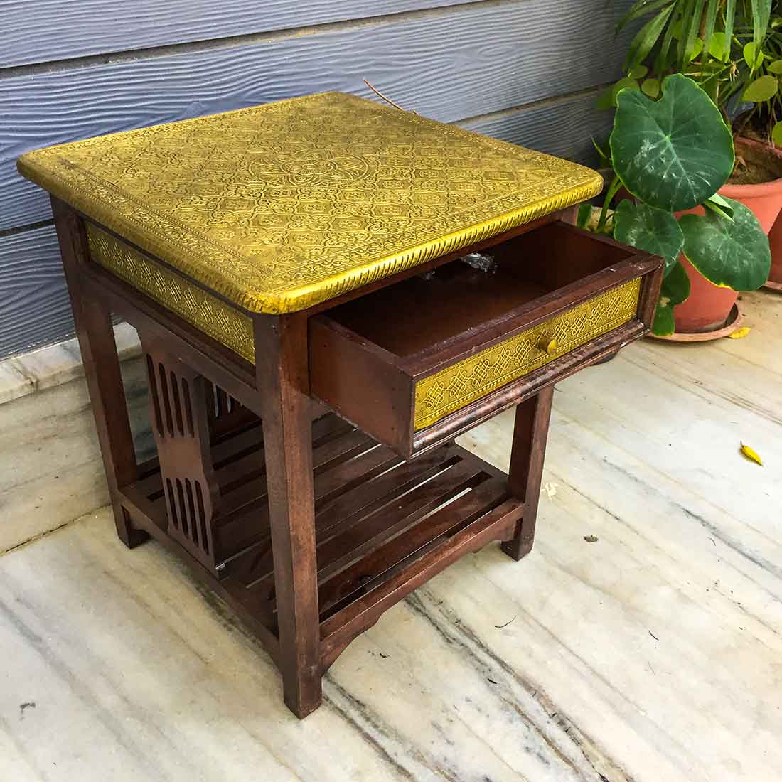 Bedside Table with Drawer - Brass Embellished | Side Table with Storage - for Bedroom & Living Room - ApkaMart