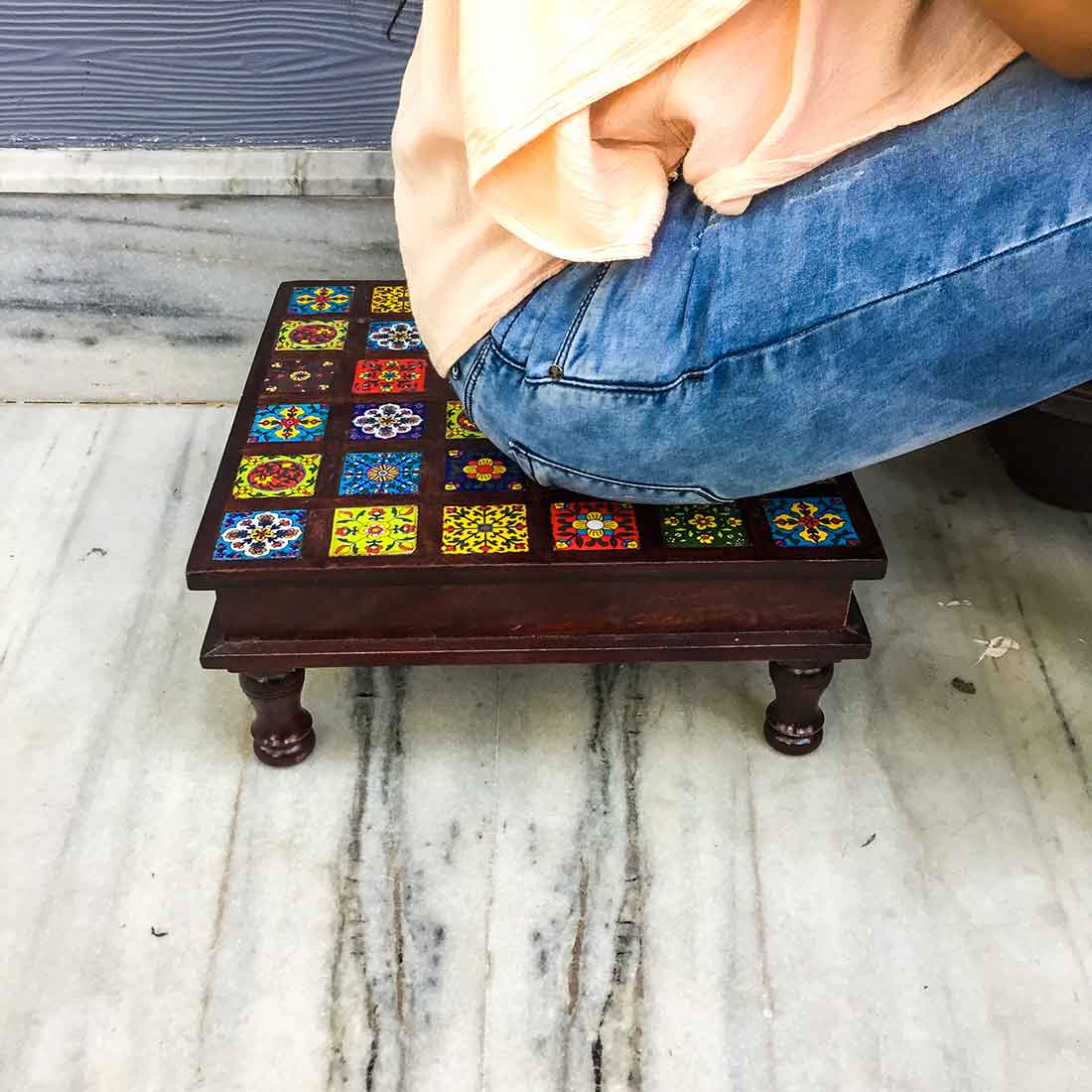 Wooden Chowki with Ceramic Tiles - For Home & Living Room Decor - 15 Inch - ApkaMart