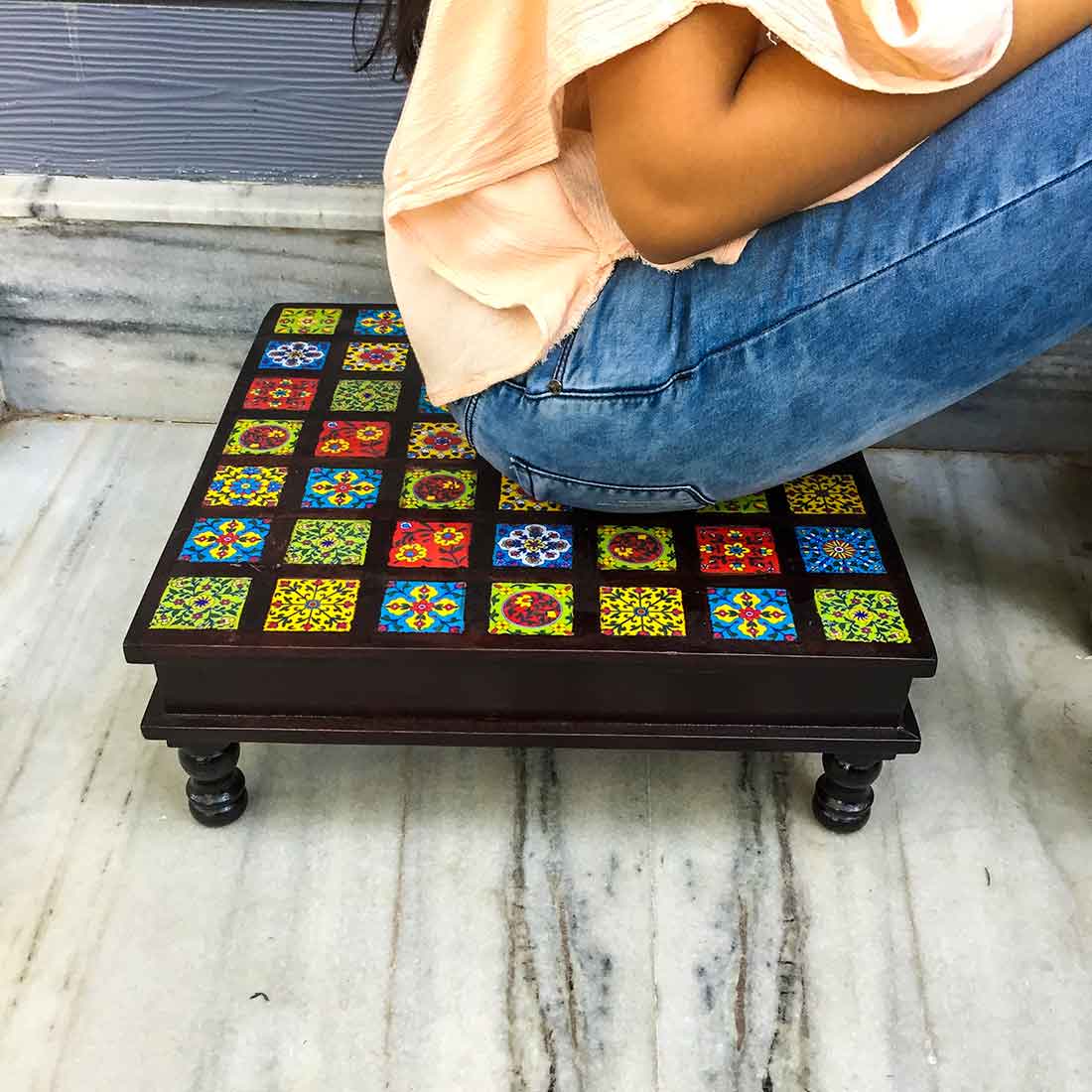 Wooden Chowki with Ceramic Tiles - For For Pooja, Weddings & Festivals - 17 Inch - ApkaMart