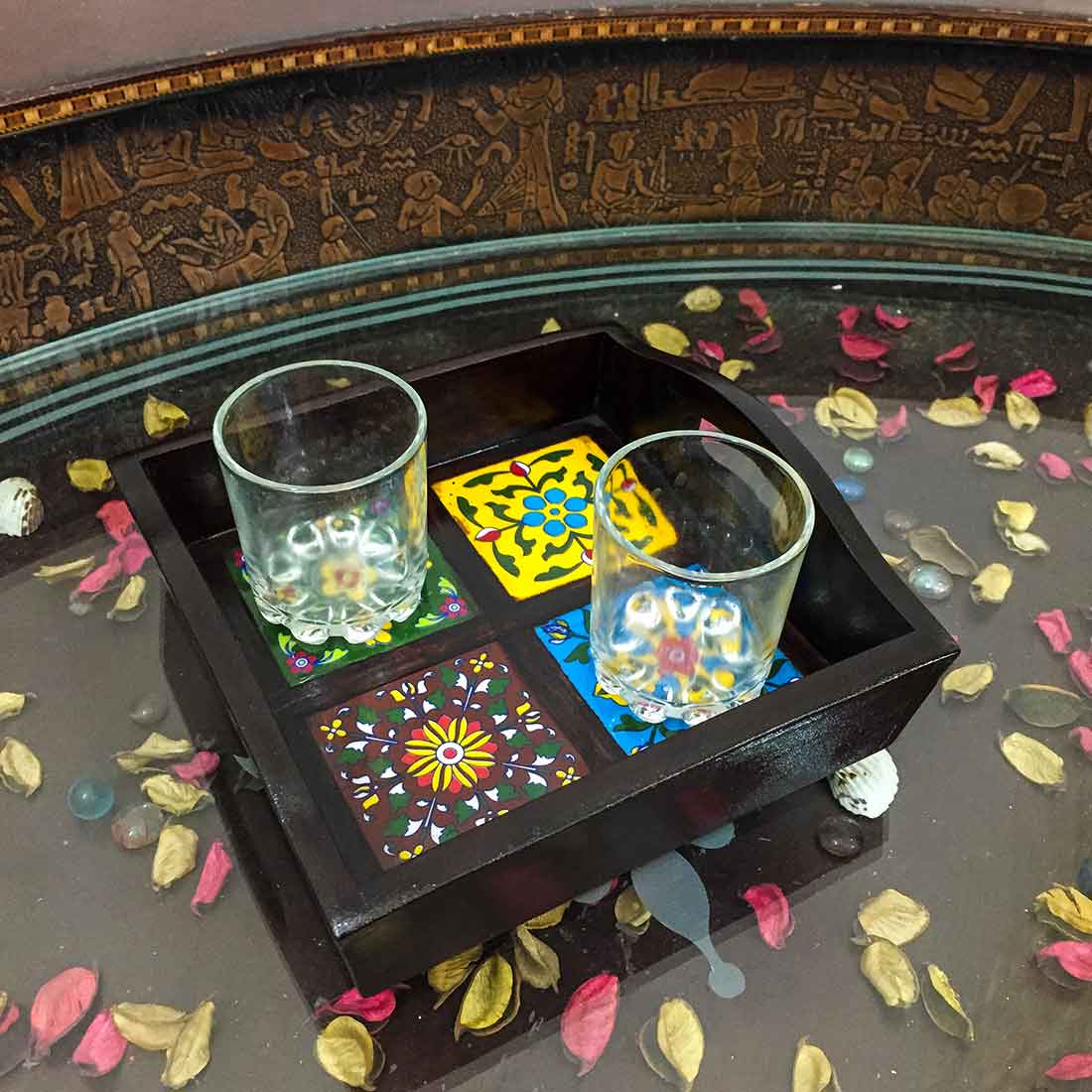 Serving Tray With In-Built Ceramic Tiles | Tea Tray - For Serving, Kitchen, Home Decor & Gifts - 9 Inch -Apkamart #Style_Classic