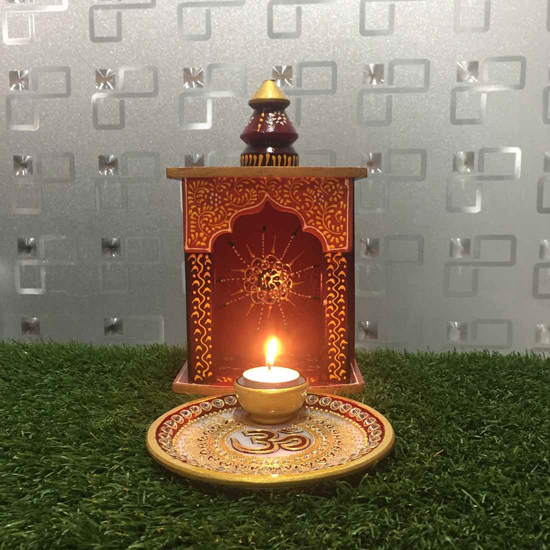 Puja Plate with Diya |Marble Pooja Thali With Heavy Om Design - For Pooja, weddings & Festivals - 6 Inch - Apkamart #Style_Design 1