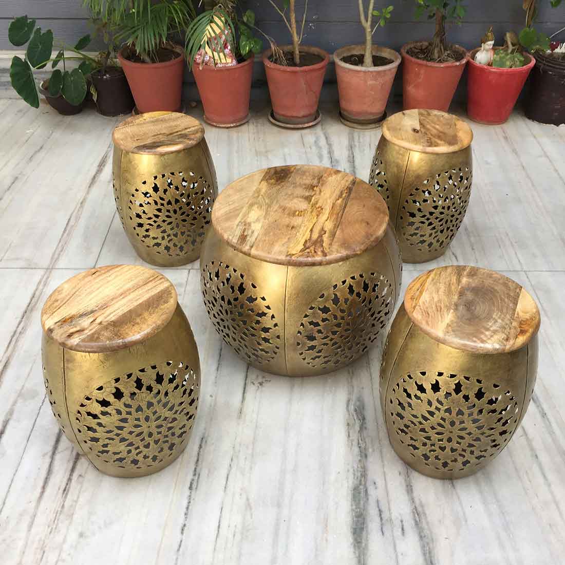 Centre Table with Stool Set - For Living Room & Garden Decor - Set of 5 - ApkaMart