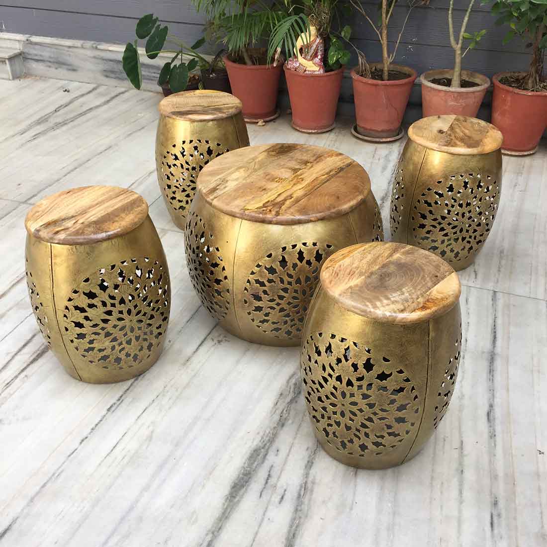 Centre Table with Stool Set - For Living Room & Garden Decor - Set of 5 - ApkaMart