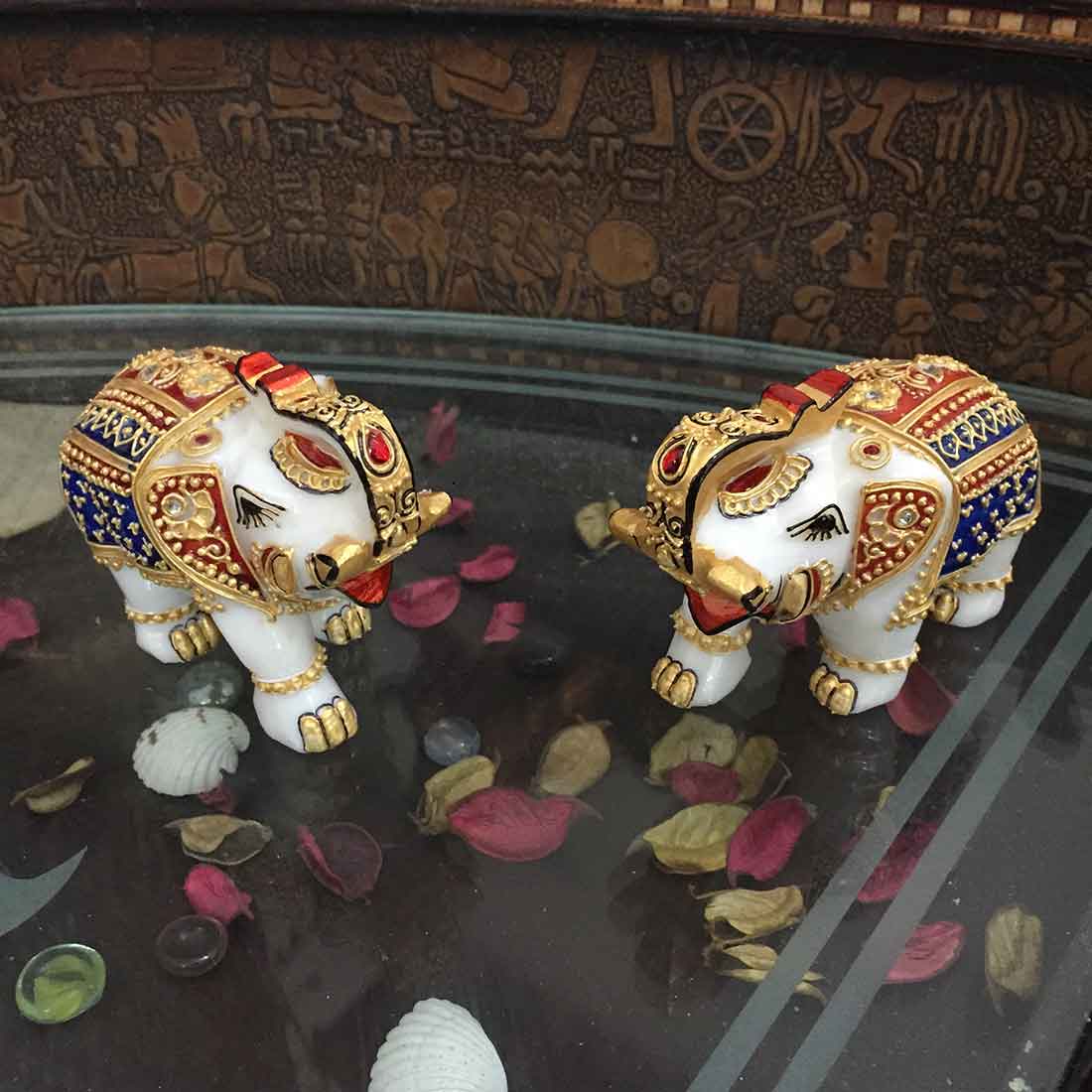 Marble Elephant Showpiece  - For Home, Living Room & Table Decor - 4 Inch - Set of 2 - ApkaMart