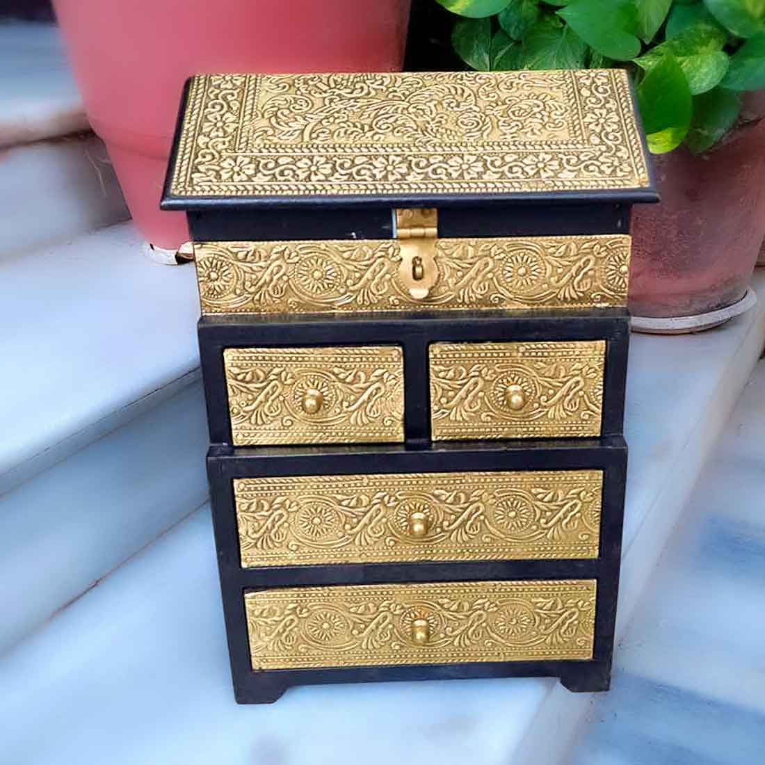 Vintage Jewelry Box Brass | Wooden Chest With 5 Drawers | Organizer for Rings, Necklace, Earrings, Makeup, Dressing Table Decor & Gifts - 13 Inch