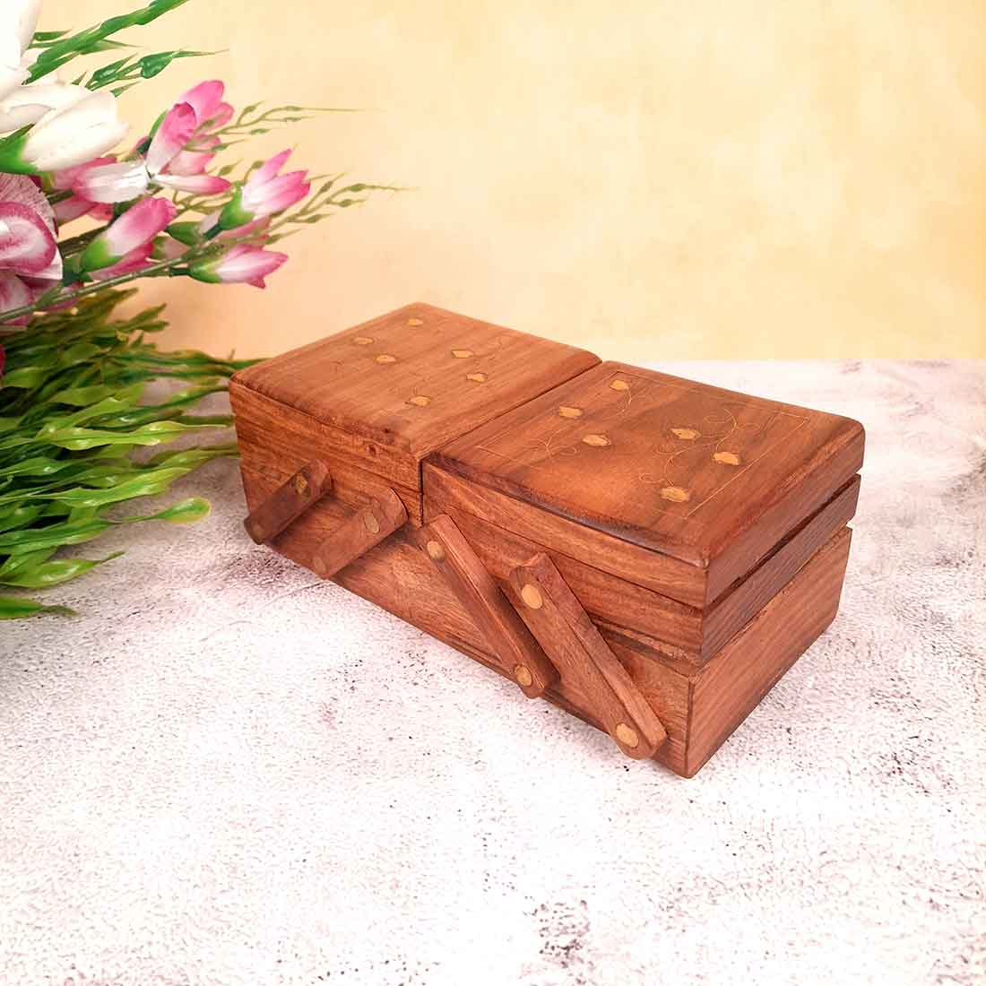 Wooden Jewellery Box Organizer | Multi-Purpose Folding Jewelry Boxes | 3 Tier Jewelry Box - for Earrings, Necklace, Rings, Makeup, Dressing Table Decor & Gifts - 8 Inch