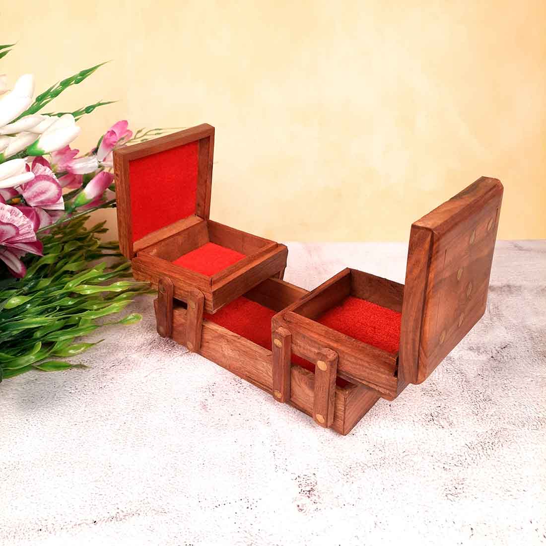 Wooden Jewellery Box Organizer | Multi-Purpose Folding Jewelry Boxes | 3 Tier Jewelry Box - for Earrings, Necklace, Rings, Makeup, Dressing Table Decor & Gifts - 8 Inch