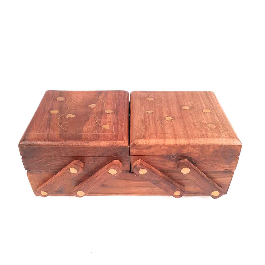 Wooden Jewellery Box Organizer | Multi-Purpose Folding Jewelry Boxes | 3 Tier Jewelry Box  - for Earrings, Necklace, Rings, Makeup, Dressing Table Decor & Gifts - 8 Inch