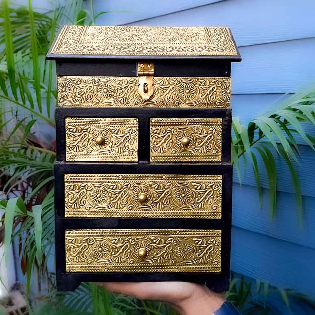 Vintage Jewelry Box Brass | Wooden Chest With 5 Drawers | Organizer for Rings, Necklace, Earrings, Makeup, Dressing Table Decor & Gifts - 13 Inch