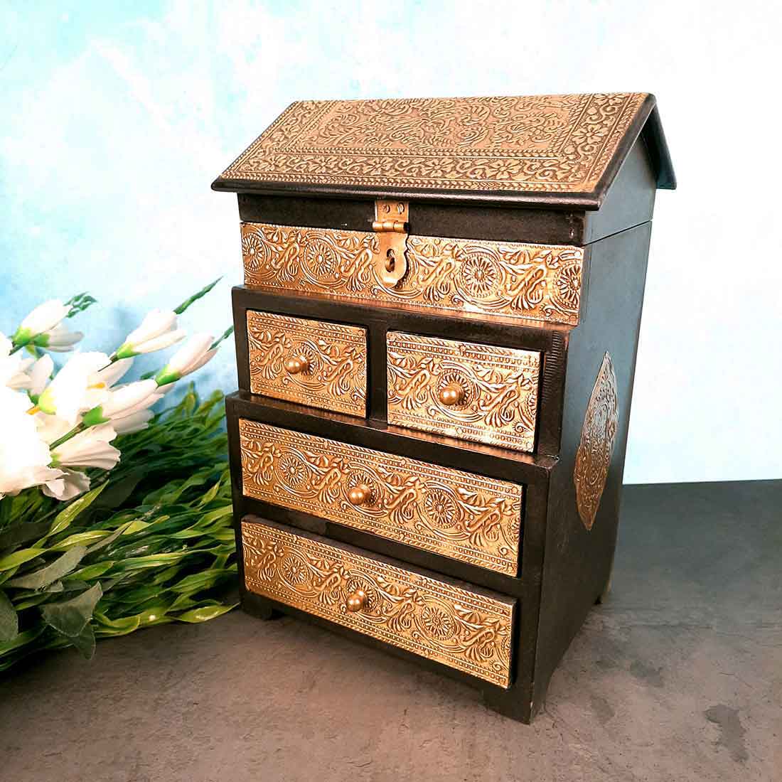 Vintage Jewelry Box Brass | Wooden Chest With 5 Drawers | Organizer for Rings, Necklace, Earrings, Makeup, Dressing Table Decor & Gifts - 13 Inch