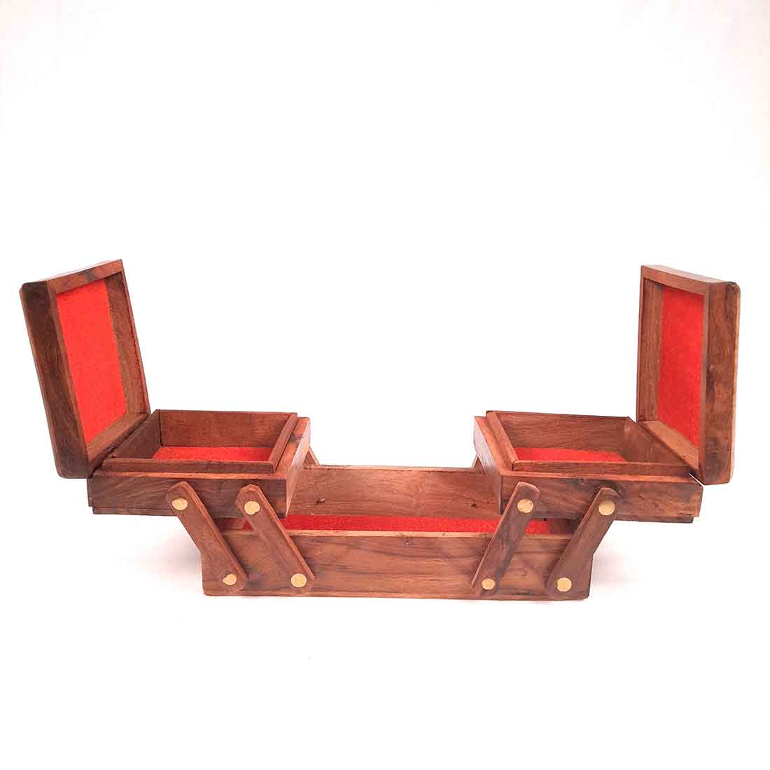 Wooden Jewellery Box Organizer | Multi-Purpose Folding Jewelry Boxes | 3 Tier Jewelry Box  - for Earrings, Necklace, Rings, Makeup, Dressing Table Decor & Gifts - 8 Inch