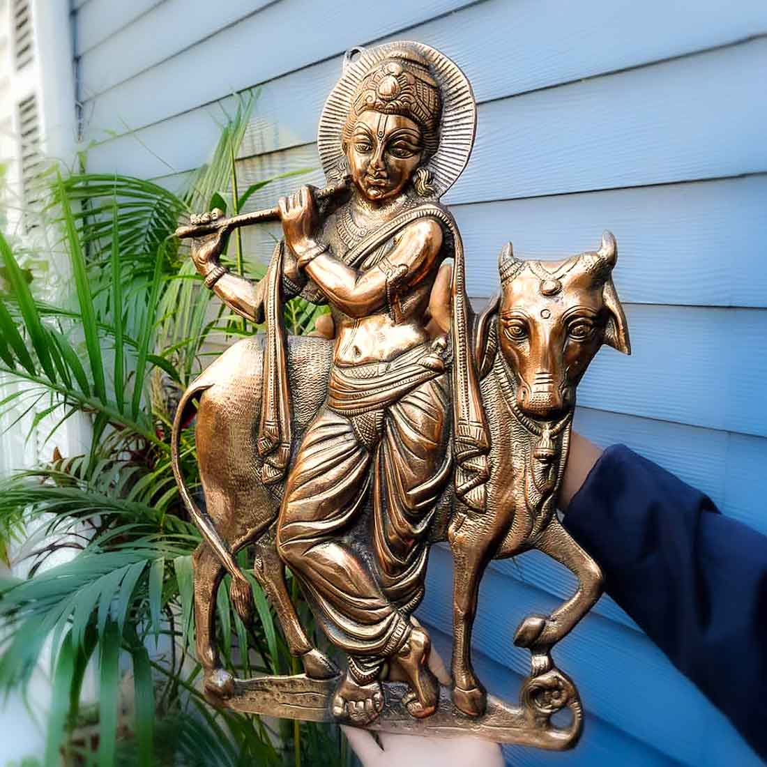 Shri Krishna Wall Hanging Idol | Lord Krishna Playing Flute With Cow Wall Hanging Statue Murti | Religious & Spiritual Art Sculpture - for Gift, Home, Living Room, Office, Puja Room Decoration - 22 Inch