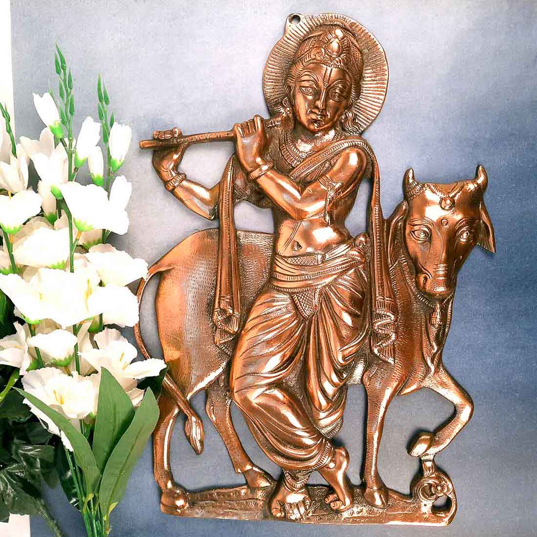 Shri Krishna Wall Hanging Idol | Lord Krishna Playing Flute With Cow Wall Hanging  Statue Murti | Religious & Spiritual Art Sculpture - for Gift, Home, Living Room, Office, Puja Room Decoration  - 22 Inch