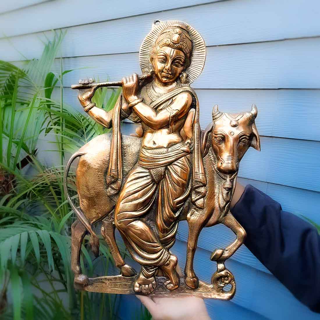 Shri Krishna Wall Hanging Idol | Lord Krishna Playing Flute With Cow Wall Hanging Statue Murti | Religious & Spiritual Art Sculpture - for Gift, Home, Living Room, Office, Puja Room Decoration - 22 Inch