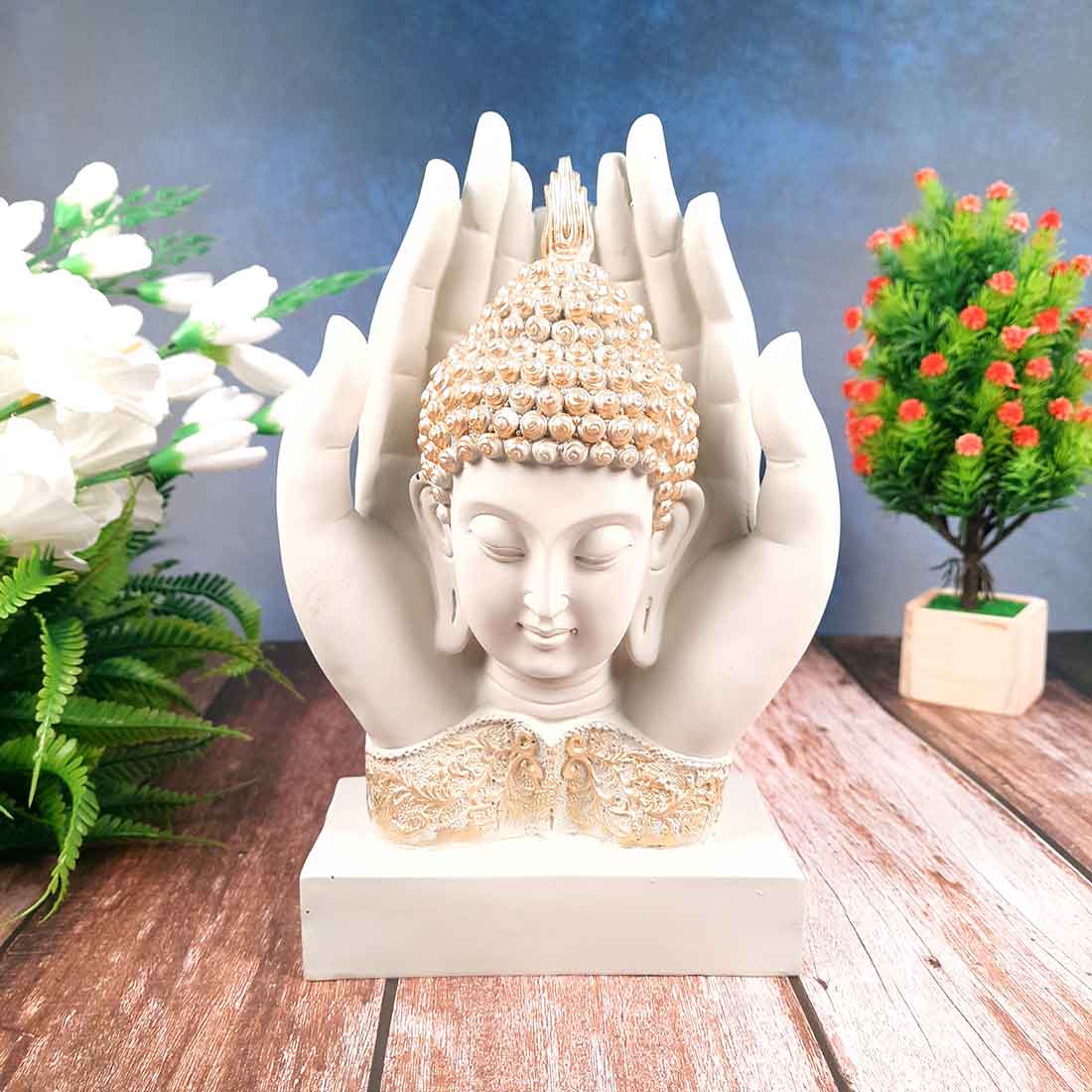 Buddha Head Showpiece - Palm Buddha Statue - 26 Inch #color_White