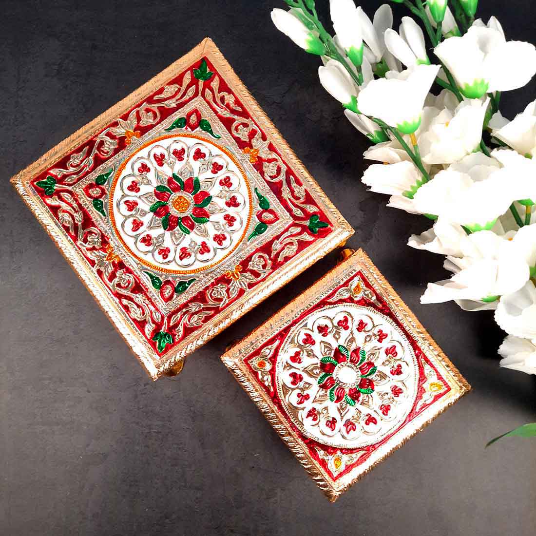 Minakari Puja Chowki - Set of 2 Bajot - 6 Inch & 8 Inch - ApkaMart #Style_Design 1
