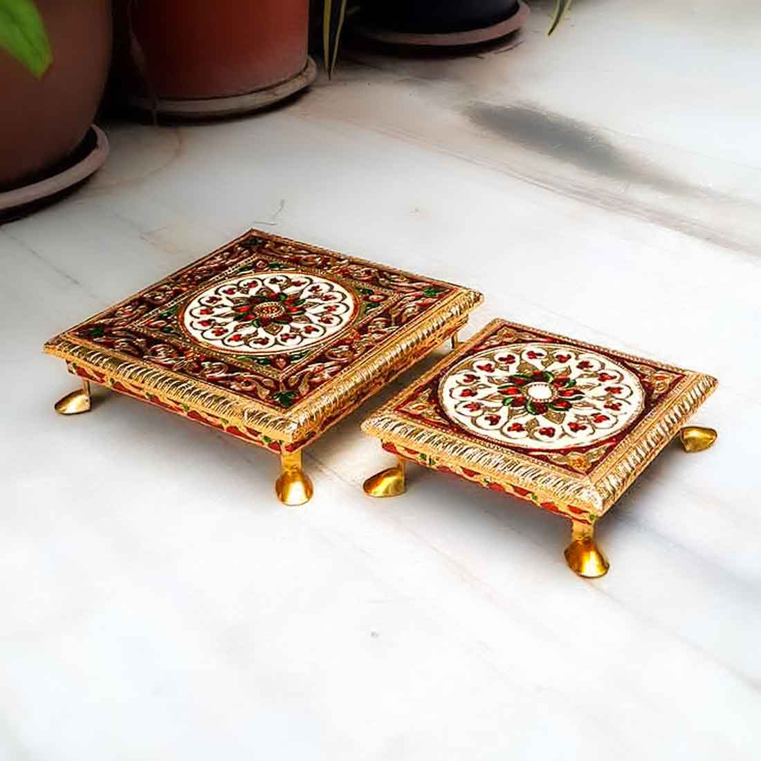 Minakari Puja Chowki - Set of 2 Bajot - 6 Inch & 8 Inch - ApkaMart #Style_Design 1