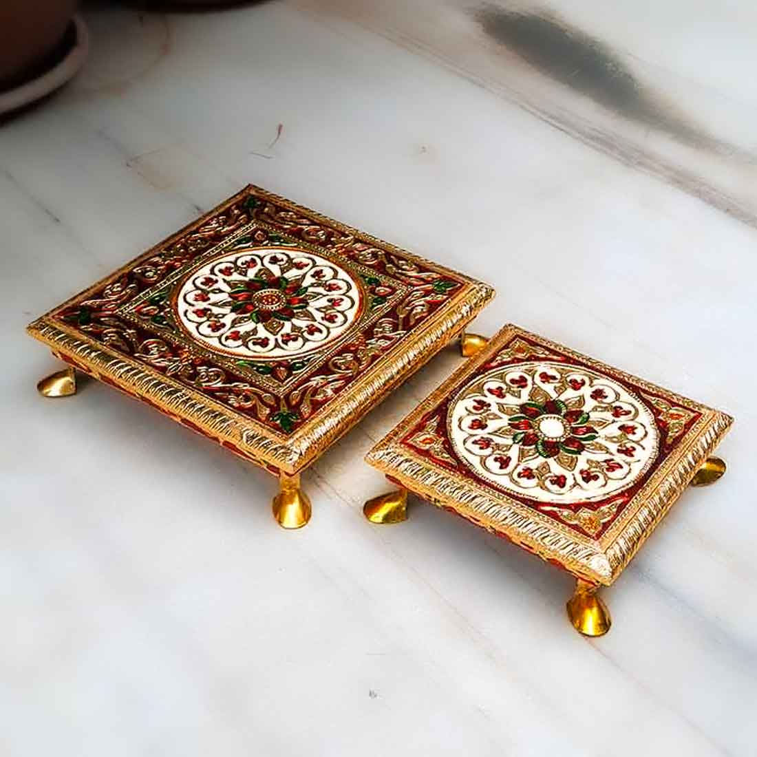 Minakari Puja Chowki - Set of 2 Bajot - 6 Inch & 8 Inch - ApkaMart #Style_Design 1