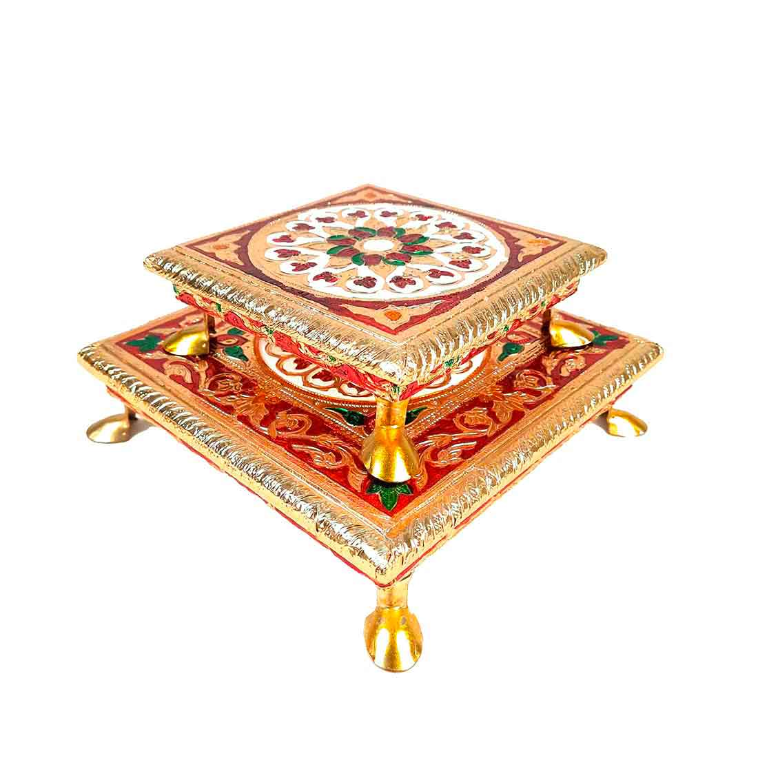 Minakari Puja Chowki - Set of 2 Bajot - 6 Inch & 8 Inch - ApkaMart #Style_Design 1