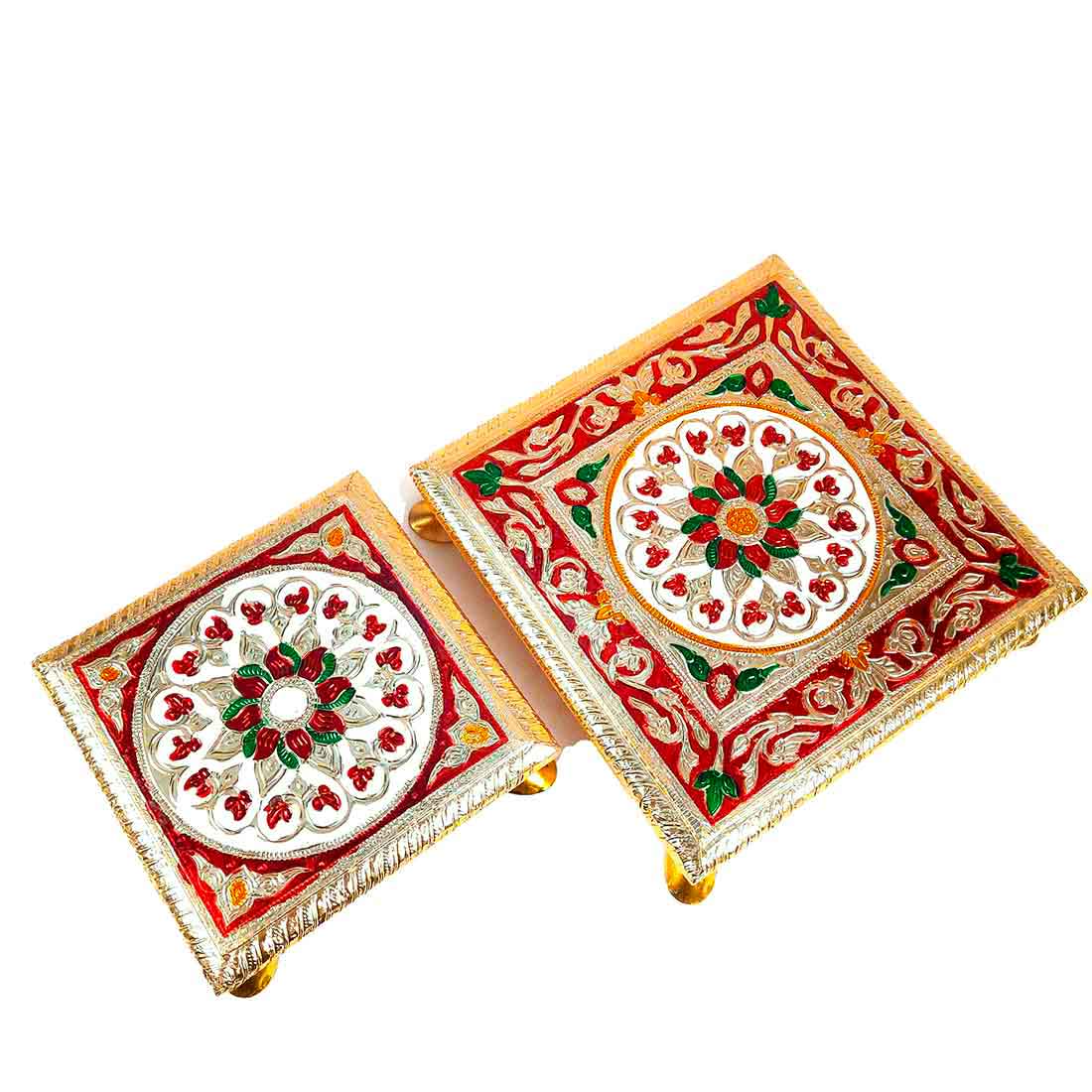 Minakari Puja Chowki - Set of 2 Bajot - 6 Inch & 8 Inch - ApkaMart #Style_Design 1