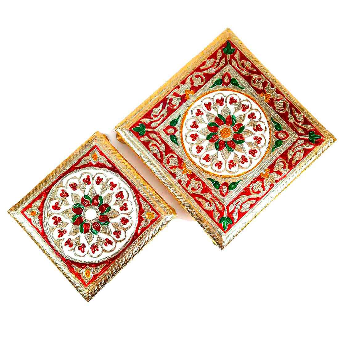 Minakari Puja Chowki - Set of 2 Bajot - 6 Inch & 8 Inch - ApkaMart #Style_Design 1