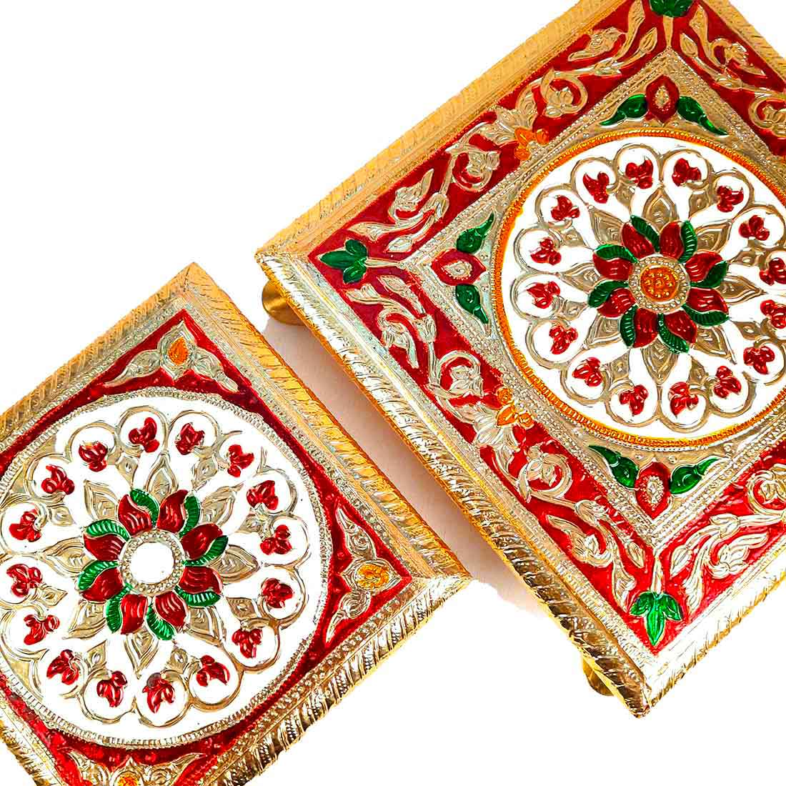 Minakari Puja Chowki - Set of 2 Bajot - 6 Inch & 8 Inch - ApkaMart #Style_Design 1