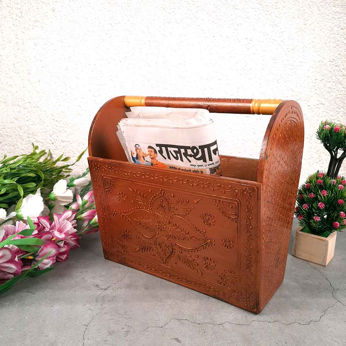 Newspaper Holder | Magazine Stand Cum Books Organizer | Letter Holders Rack Wooden - For Home Decor, Living Room, Table & Desk Organising, Office & Gifts - 12 Inch