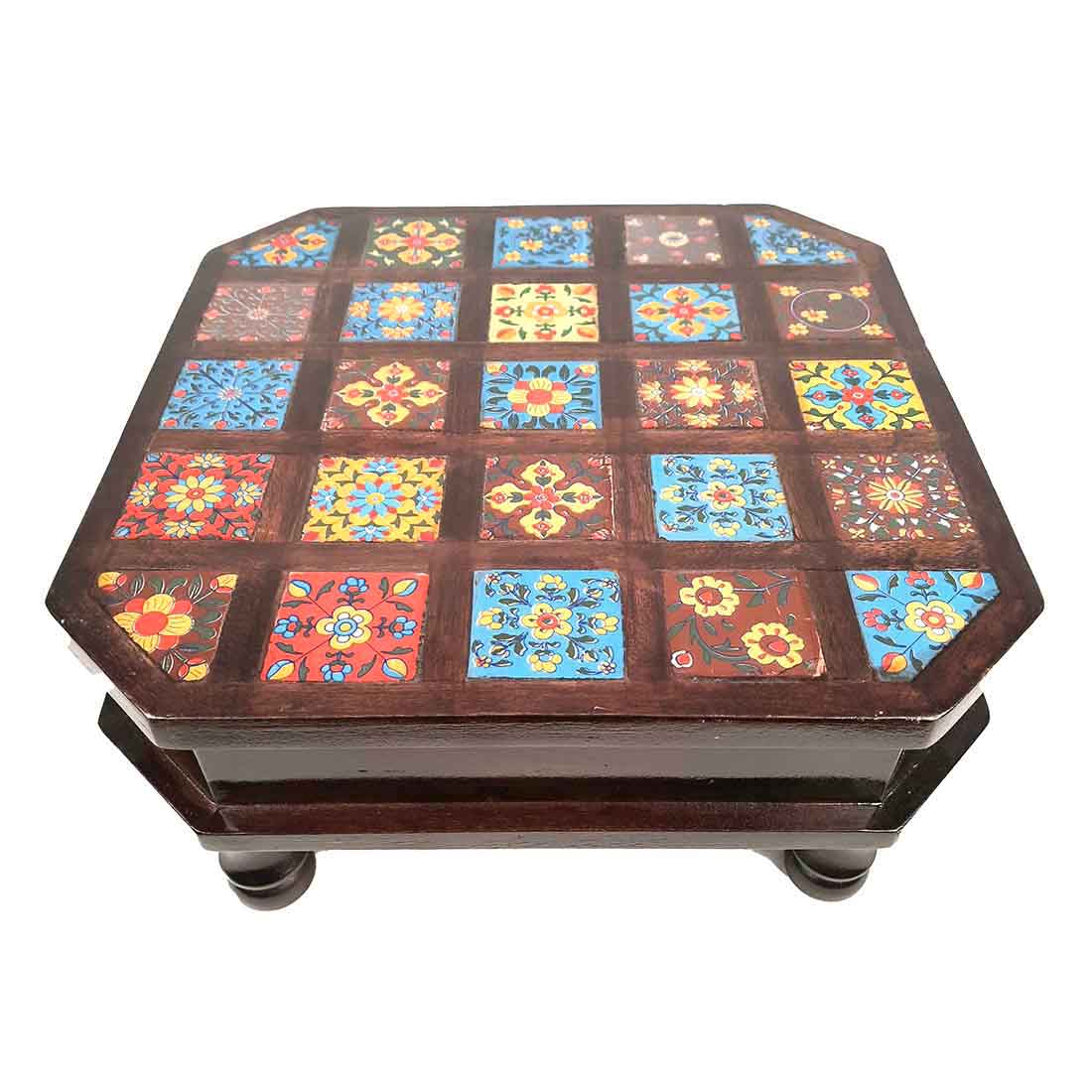 Patla Chowki with Ceramic Tiles - For Pooja, Sitting & Home Decor - 12 Inch