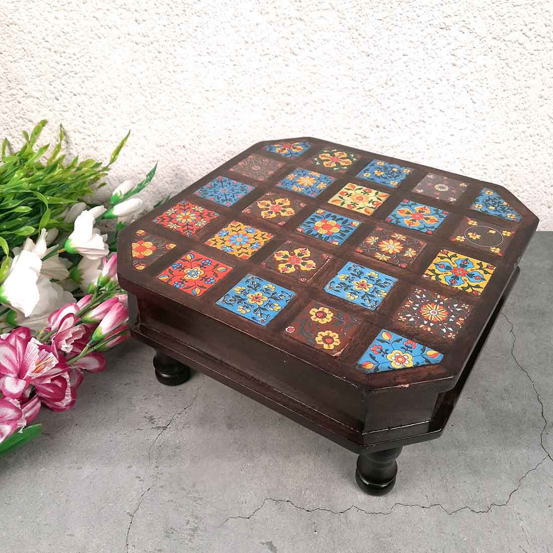 Patla Chowki with Ceramic Tiles - For Pooja, Sitting & Home Decor - 12 Inch