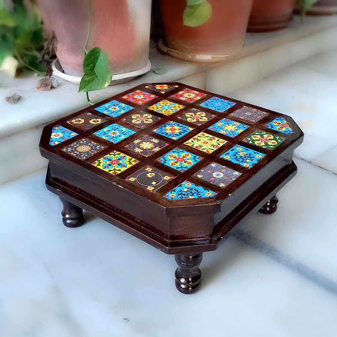 Patla Chowki with Ceramic Tiles - For Pooja, Sitting & Home Decor - 12 Inch