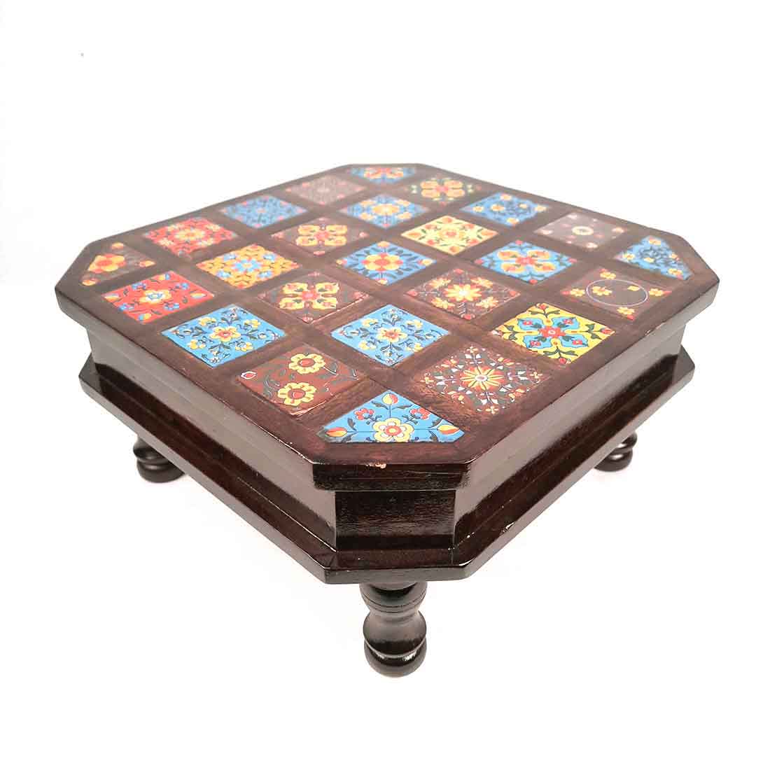 Patla Chowki with Ceramic Tiles - For Pooja, Sitting & Home Decor - 12 Inch