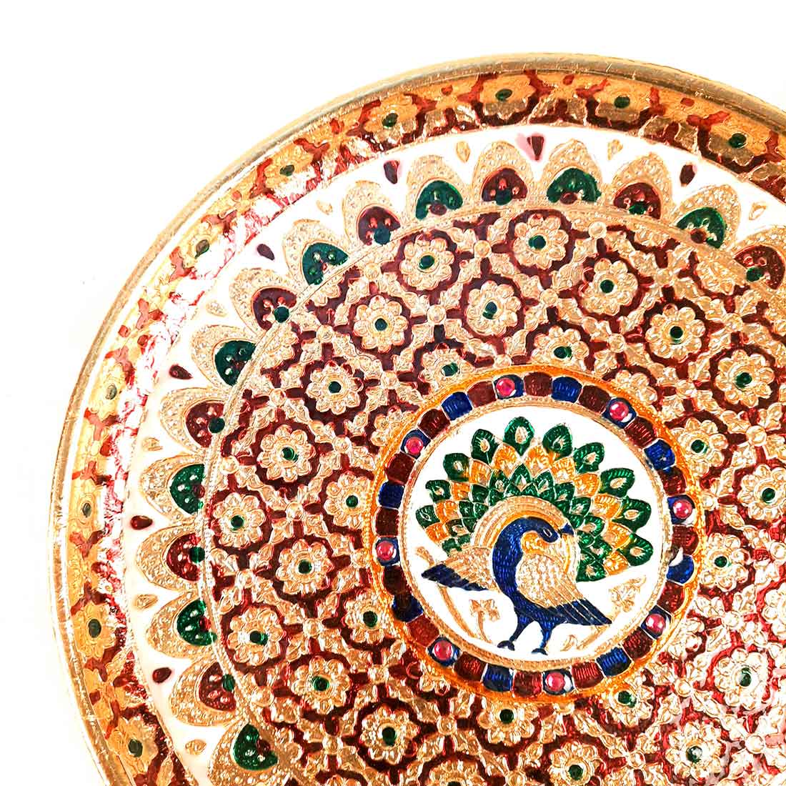 Meenakari Puja Thali - Shubh Labh Design - For For Pooja, Weddings & Festivals - 12 Inch #style_Peacock