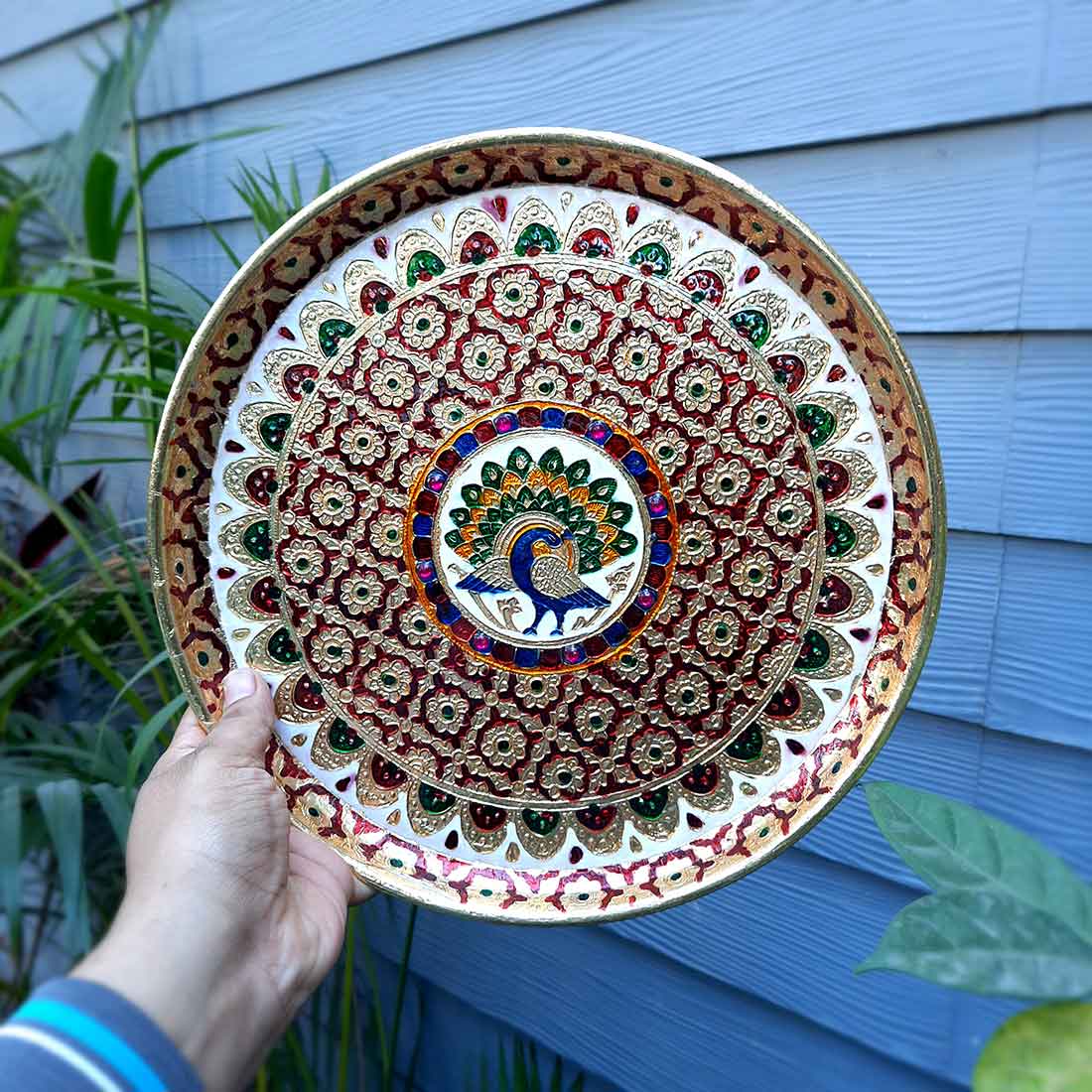 Meenakari Puja Thali - Shubh Labh Design - For For Pooja, Weddings & Festivals - 12 Inch #style_Peacock