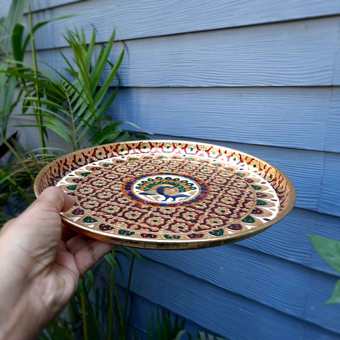 Meenakari Puja Thali - Shubh Labh Design - For For Pooja, Weddings & Festivals - 12 Inch #style_Peacock