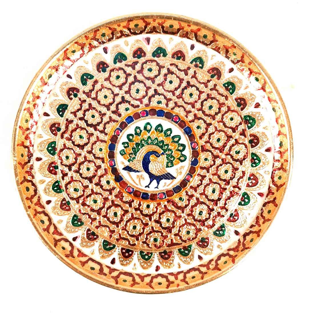 Meenakari Puja Thali - Shubh Labh Design - For For Pooja, Weddings & Festivals - 12 Inch #style_Peacock