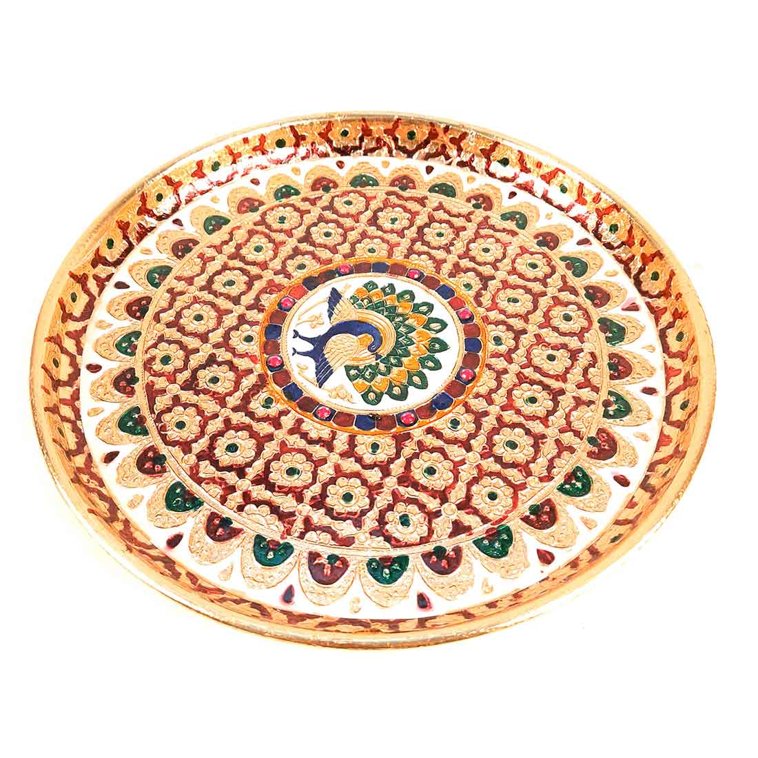 Meenakari Puja Thali - Shubh Labh Design - For For Pooja, Weddings & Festivals - 12 Inch #style_Peacock