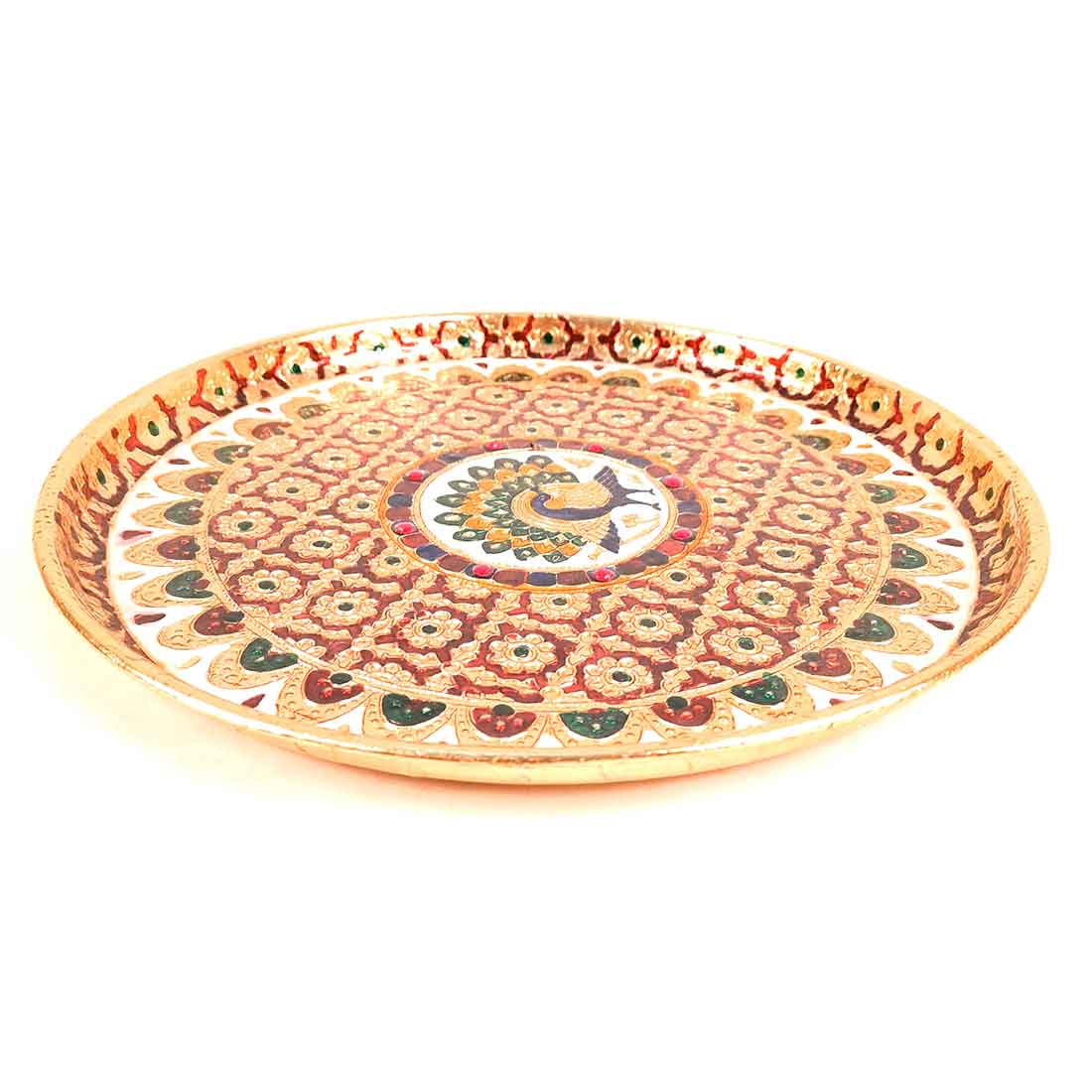 Meenakari Puja Thali - Shubh Labh Design - For For Pooja, Weddings & Festivals - 12 Inch #style_Peacock