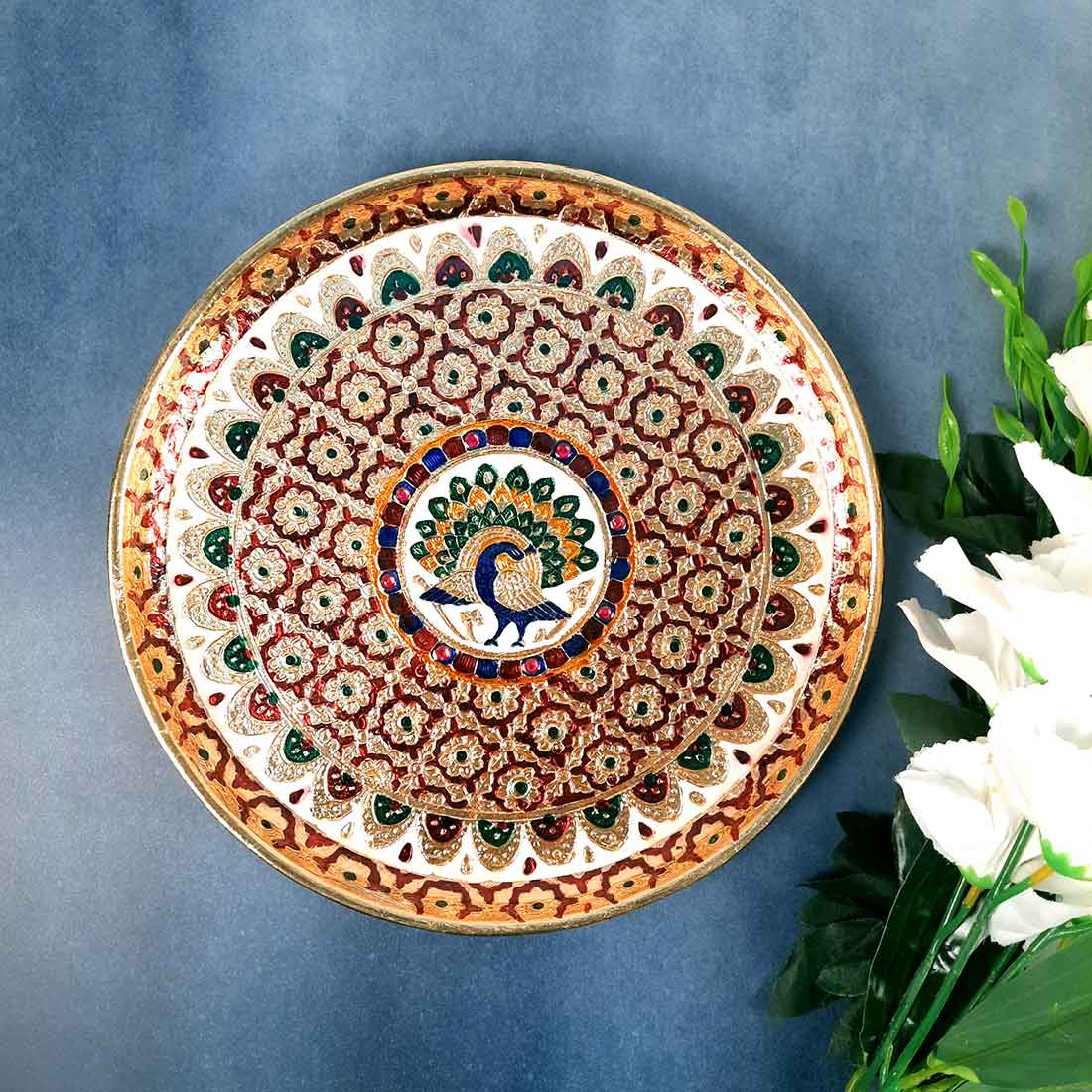 Meenakari Puja Thali - Shubh Labh Design - For For Pooja, Weddings & Festivals - 12 Inch #style_Peacock