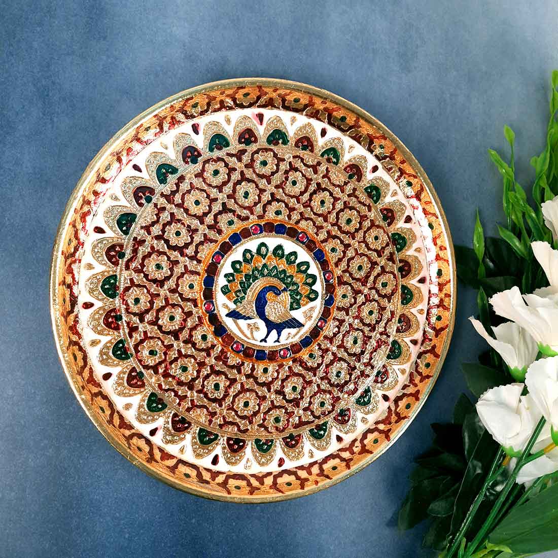 Meenakari Puja Thali - Shubh Labh Design - For For Pooja, Weddings & Festivals - 12 Inch #style_Peacock