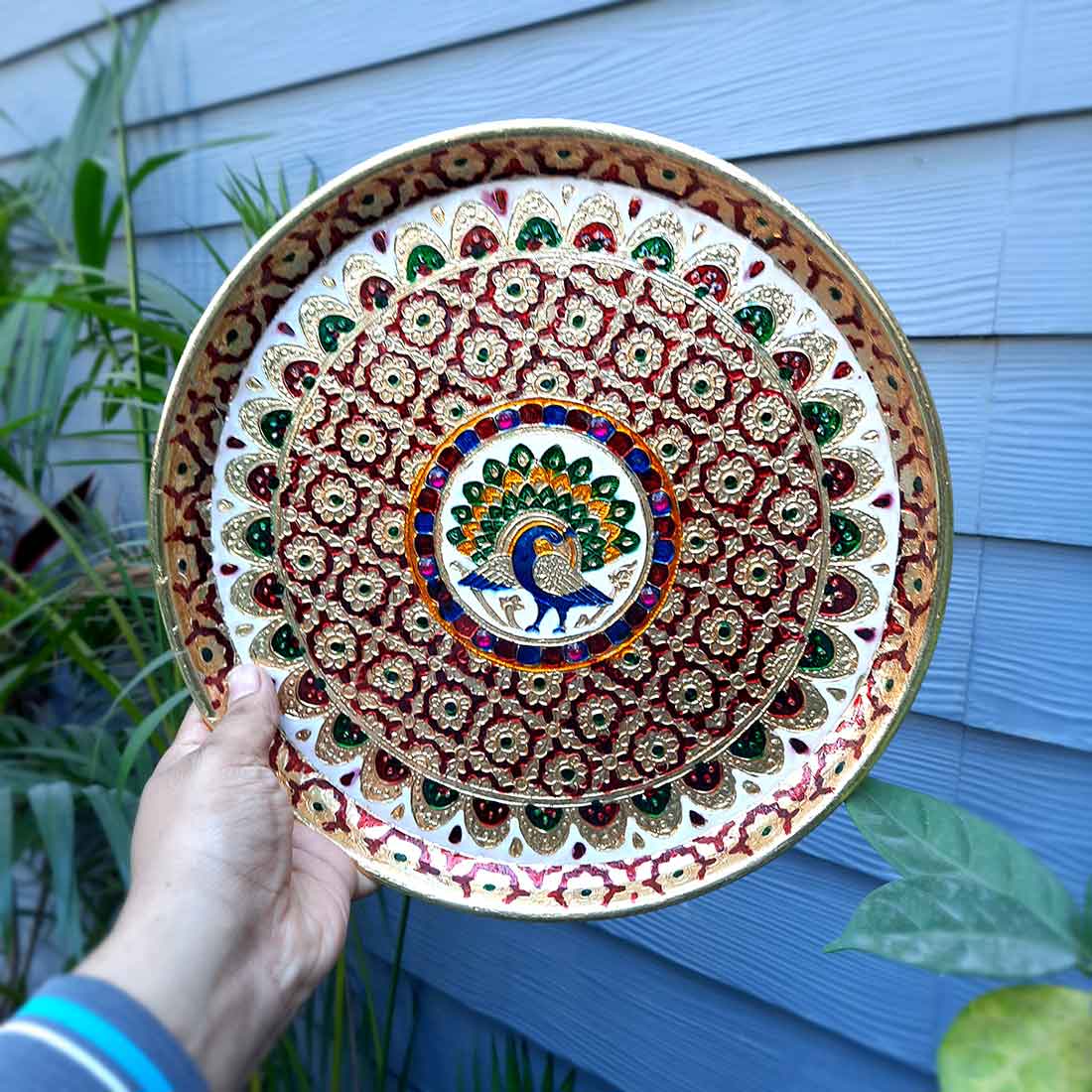Meenakari Puja Thali - Shubh Labh Design - For For Pooja, Weddings & Festivals - 12 Inch #style_Peacock