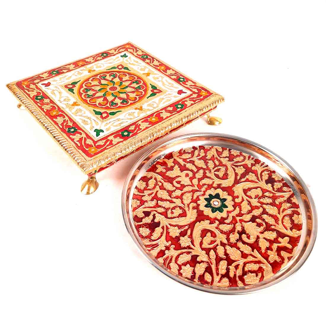 Pooja Chowki & Pooja Thali Set -Prayer Accessories -  For Pooja, Weddings & Festivals - Pack of 2