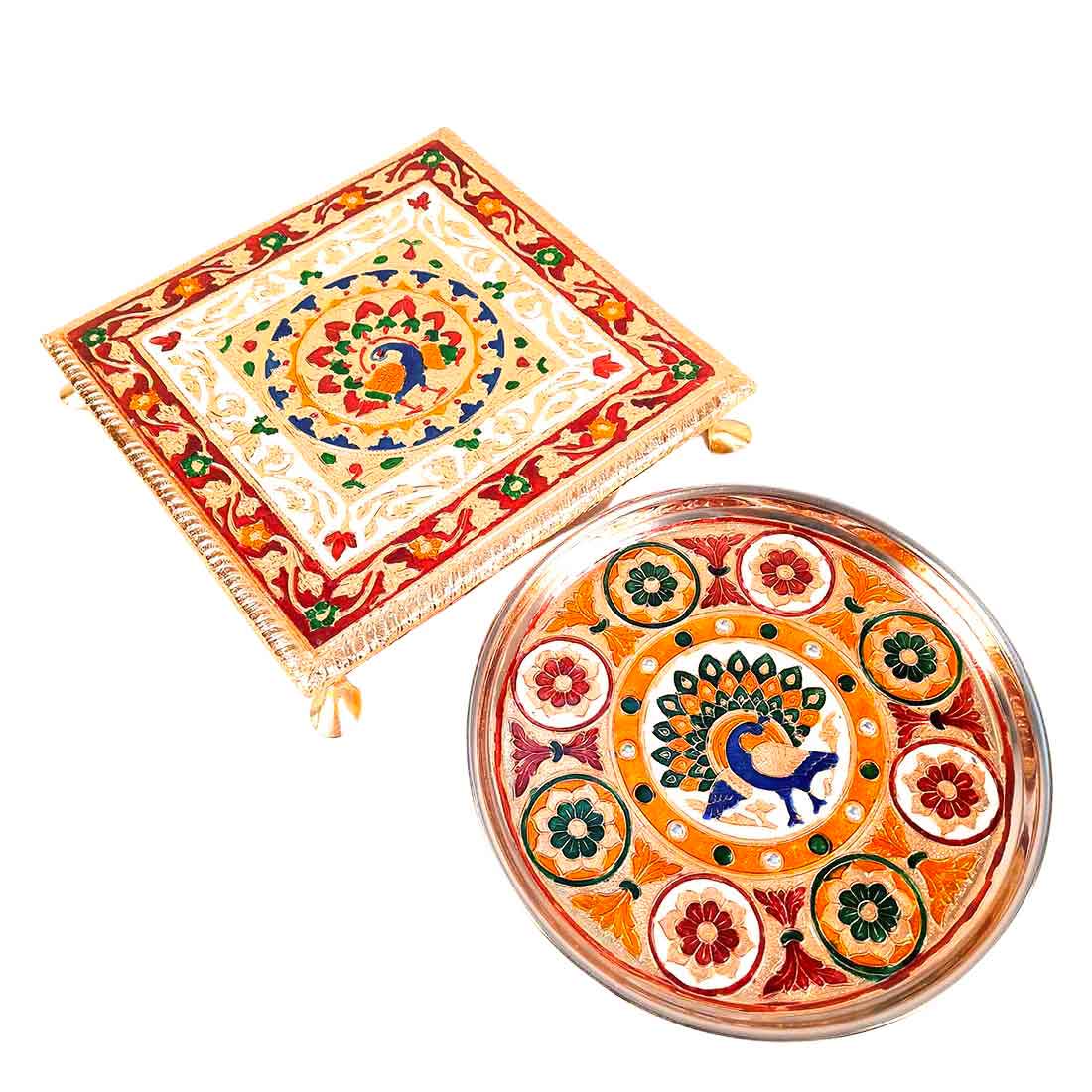 Pooja Chowki & Puja Thali Set -  Peacock Design - For Pooja, Weddings & Festivals - Pack of 2