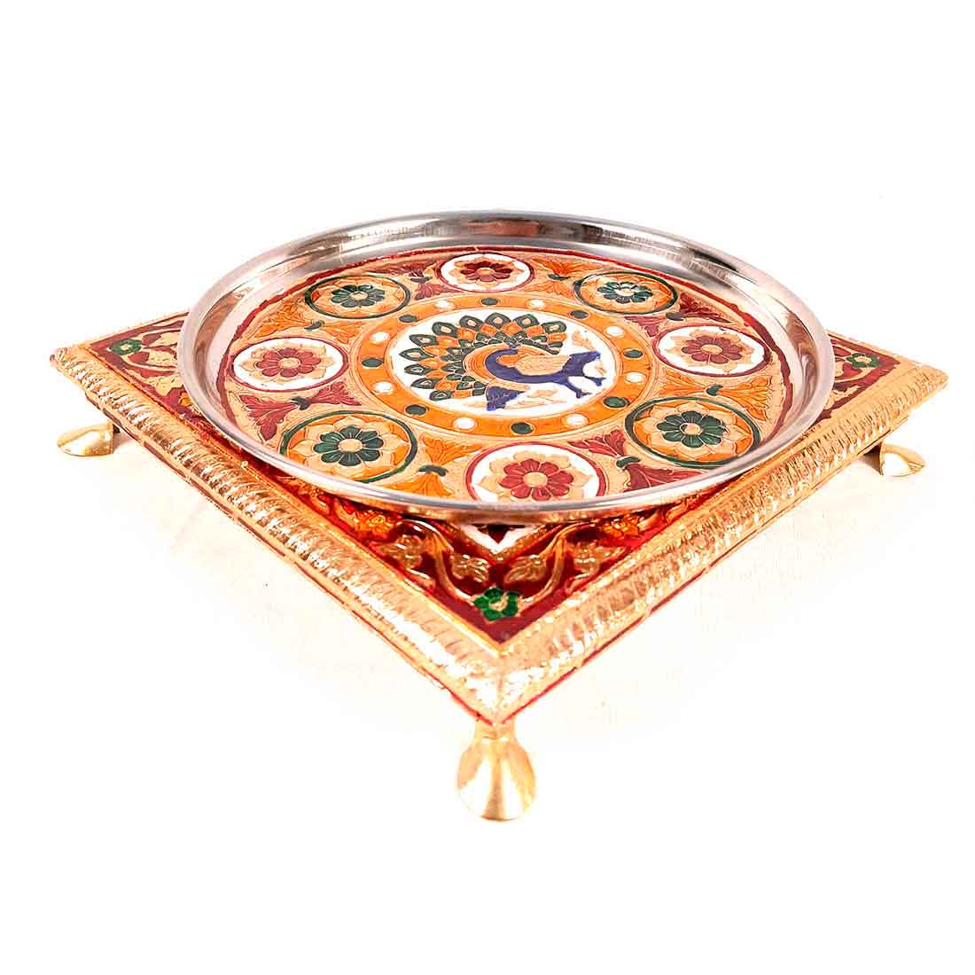 Pooja Chowki & Puja Thali Set - Peacock Design - For Pooja, Weddings & Festivals - Pack of 2