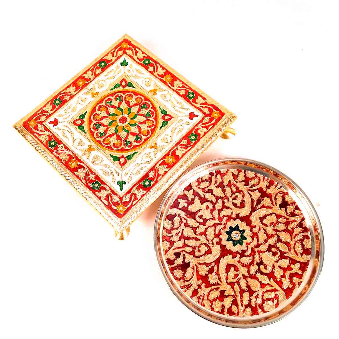 Pooja Chowki & Pooja Thali Set -Prayer Accessories - For Pooja, Weddings & Festivals - Pack of 2